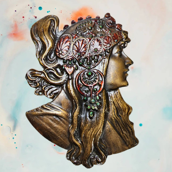 Vintage 1970s Alphonse Mucha Bergamot Brass Works Gypsy Boho Belt Buckle - Picture 1 of 10